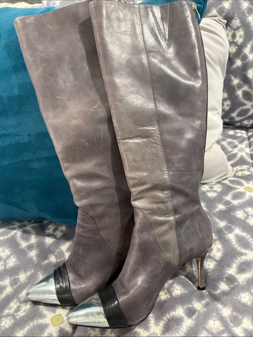 Carolinna Espinosa Gray Knee-High Pointed Toe Heel Boots with Silver Cap